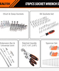 178 Piece Socket Wrench Set With Quick Release Ratchet Includes One Quarter Inch, Three Eighths Inch, One Half Inch Sockets, CRV High Carbon Steel, Extension Bar, Bit Sockets, For Auto Repair, Home, Garage, And Workshop, Durable Toolbox displayed with components spread out