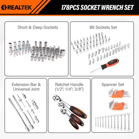178 Piece Socket Wrench Set With Quick Release Ratchet Includes One Quarter Inch, Three Eighths Inch, One Half Inch Sockets, CRV High Carbon Steel, Extension Bar, Bit Sockets, For Auto Repair, Home, Garage, And Workshop, Durable Toolbox displayed with components spread out