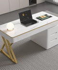 Dope White Executive Desk With Deep Drawers And Usb Charging Station, 47 Inch Modern Office Workstation with marble finish and glass top.
