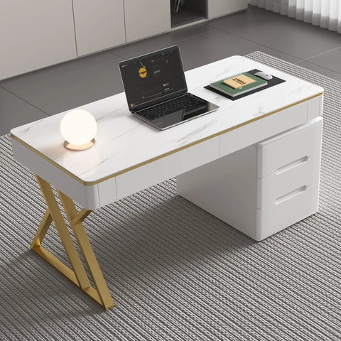 Dope White Executive Desk With Deep Drawers And Usb Charging Station, 47 Inch Modern Office Workstation with marble finish and glass top.