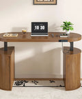 Electric Standing Desk With Storage 55 By 22 Inch Sit Stand Workstation In Walnut Wood, Adjustable Height from 28.35 to 46 Inches, Three Memory Presets, Home Office Computer Desk, Mid Century Modern Style