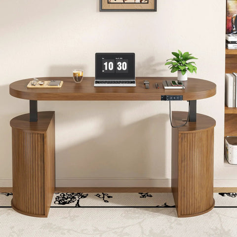 Electric Standing Desk With Storage 55 By 22 Inch Sit Stand Workstation In Walnut Wood, Adjustable Height from 28.35 to 46 Inches, Three Memory Presets, Home Office Computer Desk, Mid Century Modern Style