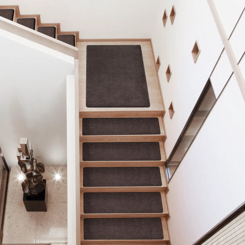 Ultra Plush Carpet Stair Treads 8x30 Inches For Indoor Stairs Non Slip Skid Resistant Pet Friendly No Adhesives Needed Gel Cling Back Washable And Reusable Dark Brown 14 Pieces on modern staircase