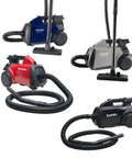 Four canister vacuums in blue, gray, red, and black,  compatible with Premium Paper Vacuum Bags For S3680 And SC3680 Canister Vacuums Pack Of Five 63253A White Durable Replacement So You Dont Have To Sweat The Cleanup At Home