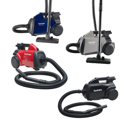 Four canister vacuums in blue, gray, red, and black,  compatible with Premium Paper Vacuum Bags For S3680 And SC3680 Canister Vacuums Pack Of Five 63253A White Durable Replacement So You Dont Have To Sweat The Cleanup At Home
