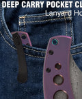 Close-up of Wasp Pocket Folding Knife With 2.36 Inch Modified Wharncliffe Blade, Purple Anodized Titanium Handle in denim pocket