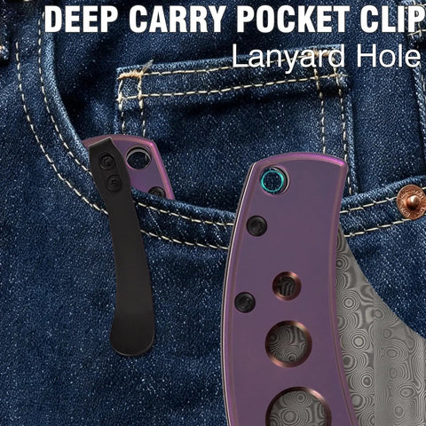 Close-up of Wasp Pocket Folding Knife With 2.36 Inch Modified Wharncliffe Blade, Purple Anodized Titanium Handle in denim pocket
