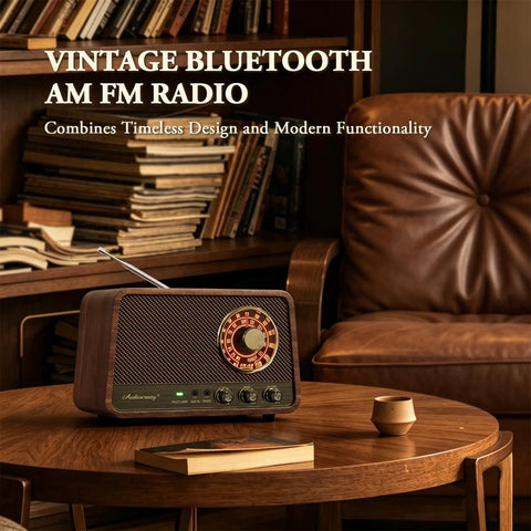 Vintage Wooden AM FM Bluetooth Radio Speaker With 10 Watts Power And Retro Dial on a wooden table in a cozy living room.