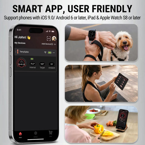 Display of upgraded wireless meat thermometer app on phone, user monitoring cooking details, Bluetooth BBQ thermometer, 500ft range.