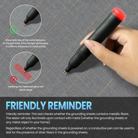 Testing conductivity of Grounding Sheets for Earthing with silver fibers using a metal tester on gray queen size organic fabric bedding.