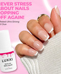 Close-up of manicured nails using Brush On Nail Glue For Press On Nails With Precision Applicator Pink Gel Adhesive, 0.24oz bottle.