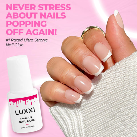Close-up of manicured nails using Brush On Nail Glue For Press On Nails With Precision Applicator Pink Gel Adhesive, 0.24oz bottle.