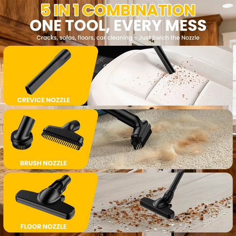 5 in 1 combination black vacuum nozzles for crevices, upholstery, and floors, showcasing versatility for cleaning.