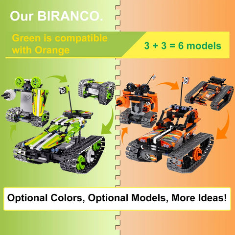 3 In 1 RC Tracked Stunt Racer Building Kit With 353 Pieces, Build Tumbling Robot And Spin Car, STEM Construction Toy For Kids Ages 8 To 12, Compatible With Orange Model, Six Total Models To Create And Play, green and orange model display
