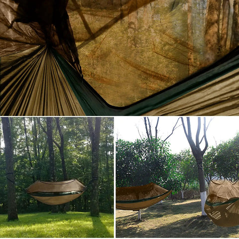 Cozy Double Camping Hammock With Bug Net For Outdoors Hiking And Travel Built Tough For Real Life 500 Lbs Capacity Ultra Durable 210T Nylon Parachute Fabric Fits Two People Khaki And Green hanging between trees.