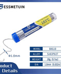 Clear tube of Flux Core Solder Wire 1.0mm for Stainless Steel with Sn63Pb37 alloy, 20g weight, shown with product specifications and blue cap.