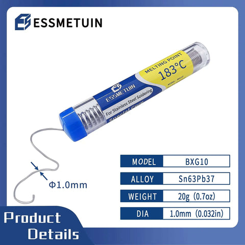 Clear tube of Flux Core Solder Wire 1.0mm for Stainless Steel with Sn63Pb37 alloy, 20g weight, shown with product specifications and blue cap.