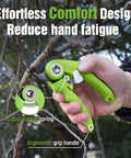 Hand holding green 6.9 Inch Bypass Pruning Shears With Sharp SK5 Steel Blade for roses and plants, ergonomic grip feature highlighted.