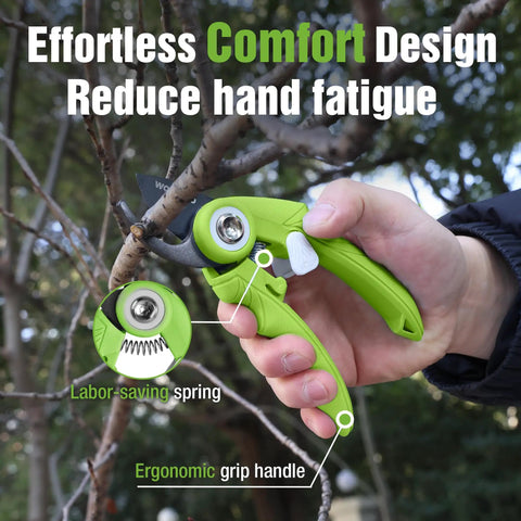 Hand holding green 6.9 Inch Bypass Pruning Shears With Sharp SK5 Steel Blade for roses and plants, ergonomic grip feature highlighted.