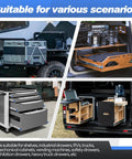 Collage of 1 Pair Built Tough Heavy Duty Locking Drawer Slides 250 Lb Load Capacity Full Extension Ball Bearing Side Mount Rails For Tool Boxes 12 To 40 Inch Range Locking Mechanism Industrial Grade Drawer Runners used in various applications like RVs, trucks, and cabinets.