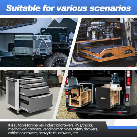 Collage of 1 Pair Built Tough Heavy Duty Locking Drawer Slides 250 Lb Load Capacity Full Extension Ball Bearing Side Mount Rails For Tool Boxes 12 To 40 Inch Range Locking Mechanism Industrial Grade Drawer Runners used in various applications like RVs, trucks, and cabinets.