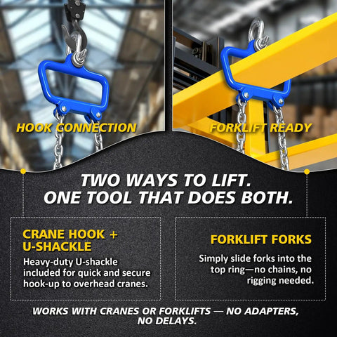 Heavy Duty Chain Drum Lifter Handles 2200 Lbs Vertical Barrel Clamp With Secure Spring Lock Hooks And Dual G80 Chains for lifting via hook or forklift.