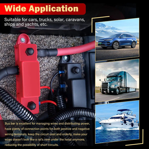 Heavy Duty Power Distribution Block 150A Bus Bar 12V To 48V Terminal Strip with positive and negative connections for vehicles.