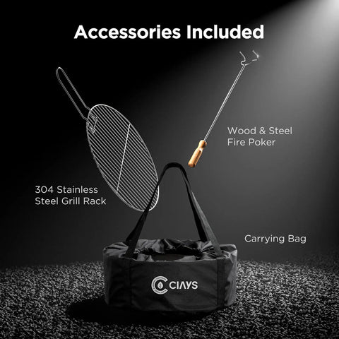 Accessories for Smokeless 19 Inch Fire Pit For Camping With Waterfallflame Technology Triple Layer Combustion For Maximum Heat And Minimal Smoke Portable Outdoor Fire Pit With Steel Grill Rack, Fire Poker, Carry Bag, Easy Setup And Storage, Wood Burning displayed on black surface.