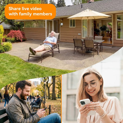 4K White Hidden Camera Thermometer Hygrometer WiFi Spy Nanny Cam For Real Time Temperature Humidity Monitoring With Stable Connection Dual Storage And Multi User Access showing live video sharing on a patio