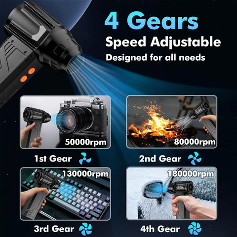 Beast Mode Cordless Air Duster With LED Light, 180000 RPM Turbo Cleaning Power, shown with adjustable gear settings