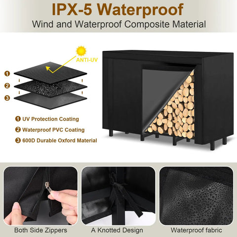 Outdoor Firewood Rack With Heavy Duty Eight-Leg Frame And 4-Foot Width, Weatherproof 600D Oxford Cover shown with side zippers and waterproof layers.