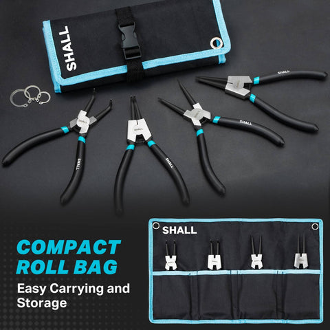 All In One Snap Ring Pliers Set, 7 Inch Internal External Circlip Pliers With Straight And 90 Degree Bent Tips with portable pouch.