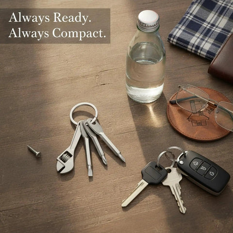 Compact Silver Keychain Multitool With Bottle Opener And Wrench For EDC Zinc Alloy Build Ultra Durable Everyday Carry Tool On Table