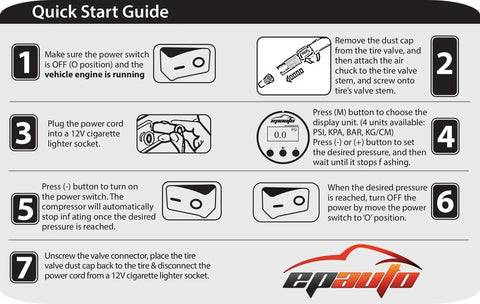 Quick start guide for the 12V DC Portable Air Compressor With Digital Pressure Gauge And Bright Led Light For Cars Bikes And Midsize Suv.