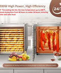 Heavy Duty Commercial Food Dehydrator With Twelve Roomy Trays, Slick Stainless Steel Drying Rack displaying fruits and jerky.