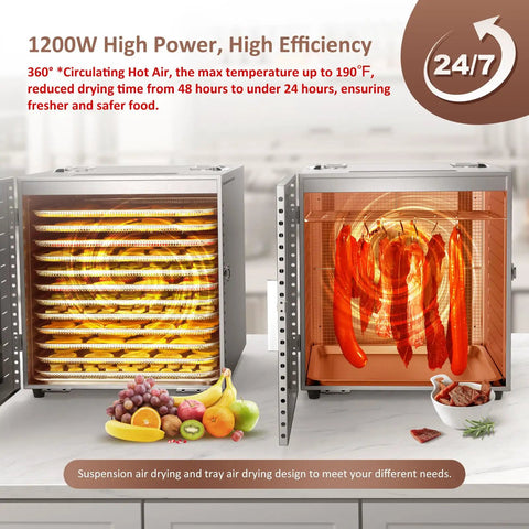 Heavy Duty Commercial Food Dehydrator With Twelve Roomy Trays, Slick Stainless Steel Drying Rack displaying fruits and jerky.