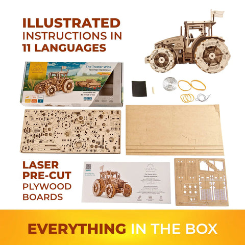 Tractor Wins 3D Wooden Model Kit For Self Assembly A Hands On Mechanical Puzzle Set For Adults And Kids box with tractor and parts