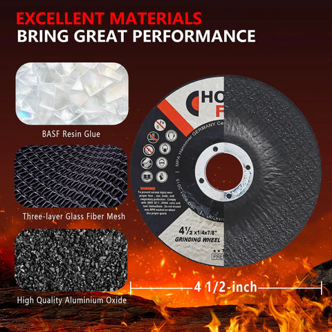 Grinding wheel, 4-1/2 in depressed-center, 25-pack for metal/stainless; HOMO FABER, BASF resin glue, glass-fiber mesh.