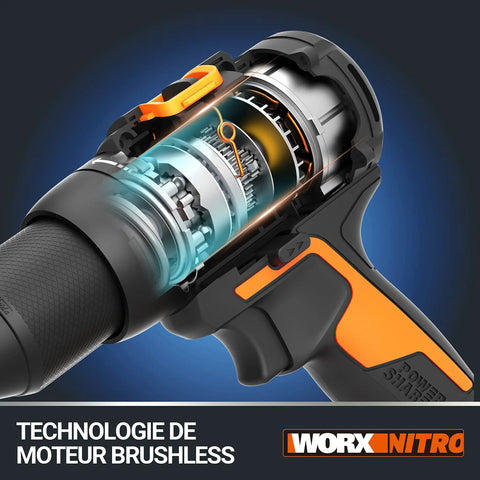 Cutaway view of Compact 20V Cordless Brushless Drill Driver showcasing brushless motor technology and design details.