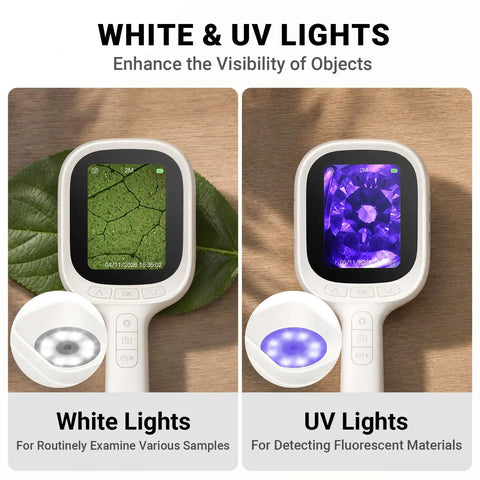 No Fuss Autofocus Digital Microscope With A 2.8 Inch IPS Screen For Quick Sharp Focus And Photo Capture Dual LED Illumination For Clear Detail Simple One Button Use That Anyone Can Master Ideal For Students Hobbyists And Makers, white and UV lights