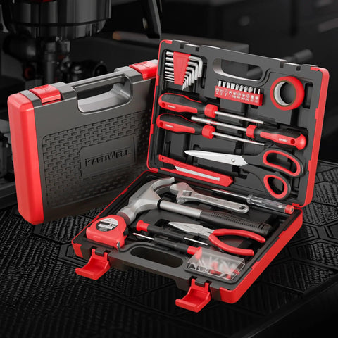 32 Piece Home Repair Tool Set For DIY Projects And Everyday Fixes Includes Wrenches, Screwdrivers, Pliers in red-black case