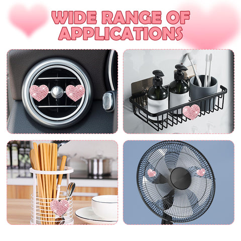 Heart Shaped Car Vent Clips With Rhinestones Bling Air Vent Decorations For Cars Trucks And SUVs Pink 4 Pack shown in various uses.
