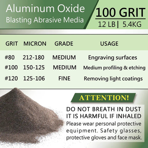 100 Grit Aluminum Oxide Sand Blasting Media For Metal Surfaces Pro Grade Heavy Duty Long Lasting High Hardness Abrasive Powder For Industrial Sandblasting 12 Lb Bag with safety warning.
