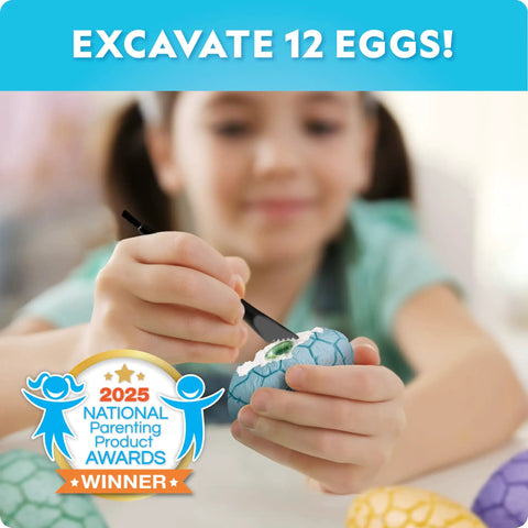 Child using Eggscavation Easter Dig Kit With 12 Dig Bricks, Glow In The Dark Dinosaur Figures And Real Gemstones tool on egg brick.