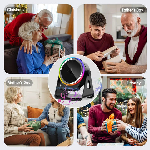 Wireless Induction Speaker Stand With Five In One Bluetooth Five Point Three shown with gift scenes for Christmas, Father's Day, Mother's Day, and Birthday.