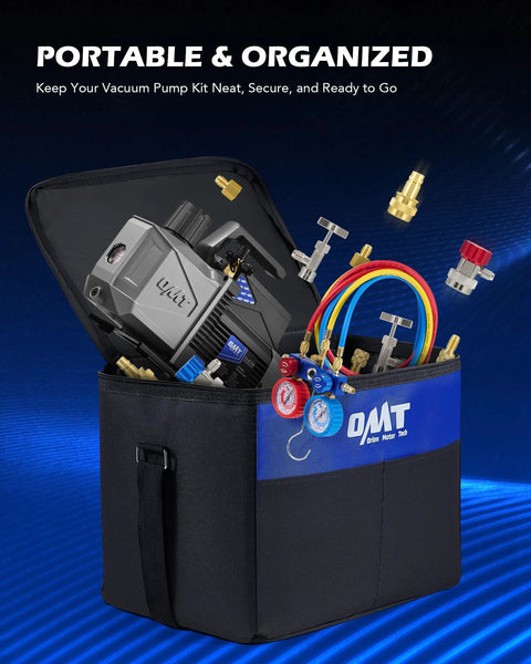 Orion Motor Tech A2L AC vacuum pump and gauge kit in blue-black carrying case with color hoses and brass fittings