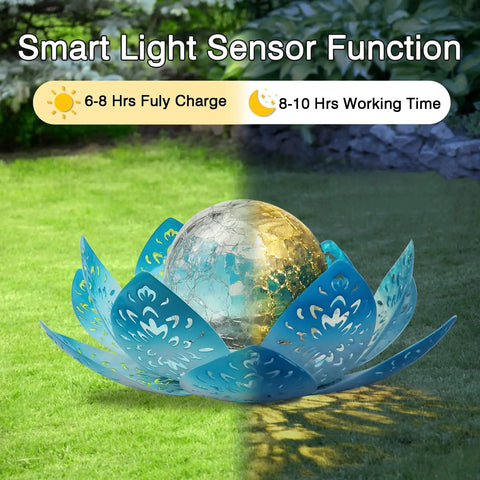 Solar Lotus Flower Garden Lights For Outdoor Patio Decor, waterproof LED table lamp with crackle ball, blue double-layer petals