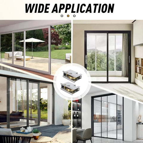 Sliding Patio Door Rollers 2-Pack For Pella Doors, 1-1/2 Inch Steel Ball Bearing, shown in various sliding door setups