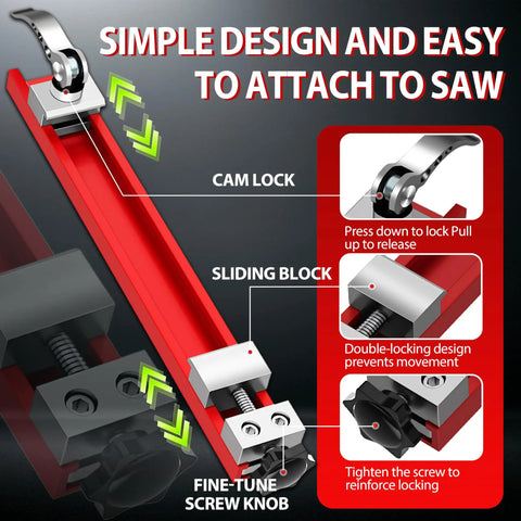 Adjustable Cutting Machine Base Guide For Precision Milling And Woodworking, shown with cam lock and fine-tune screw knob.