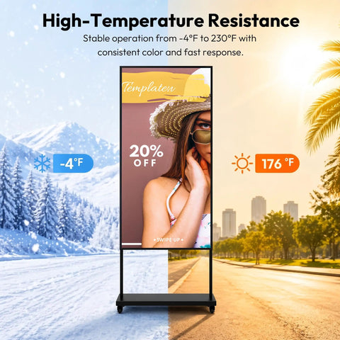 65 Inch Digital Signage Display For Shop Window featuring 3000 Nits Hella Bright sunlight readable LCD monitor with temperatures from -4°F to 176°F.